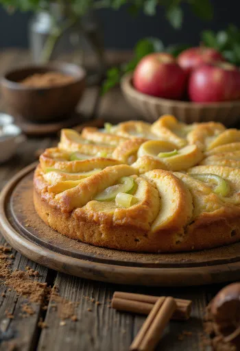 Bolo prebiótico de alho-francês e maçã, fatia de bolo dourado