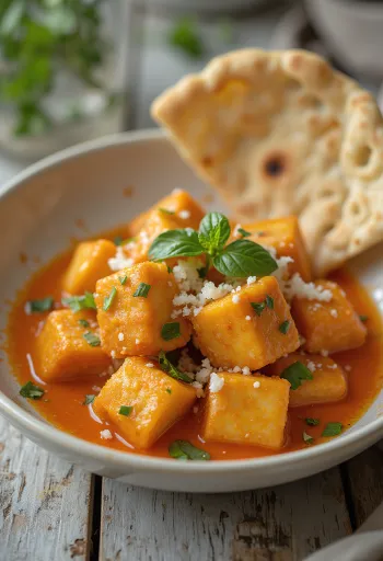 Tofu frito com molho tailandês servido