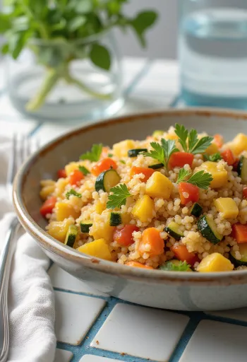Bulgur com legumes servido com pedaços de pimento fresco, tomate e curgete
