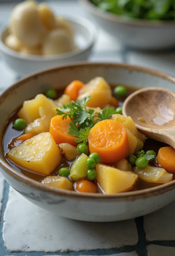 Nikujaga de legumes, servido com legumes ricos e apetitosos e coentros frescos.