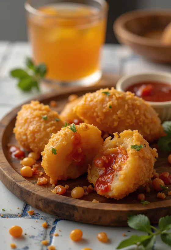 Acarajé com molho picante, bolas crocantes servidas com molho picante e coentros