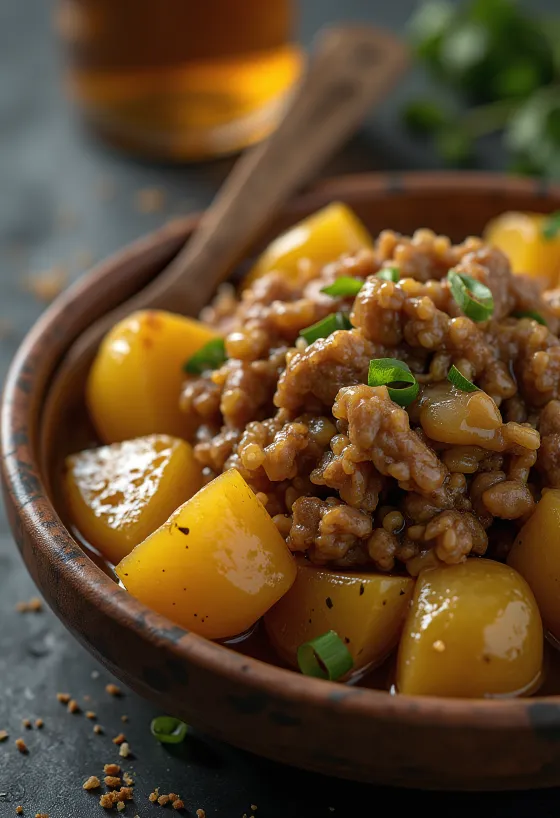 Prato de Adobo com carne picada e cubos de batata dourados