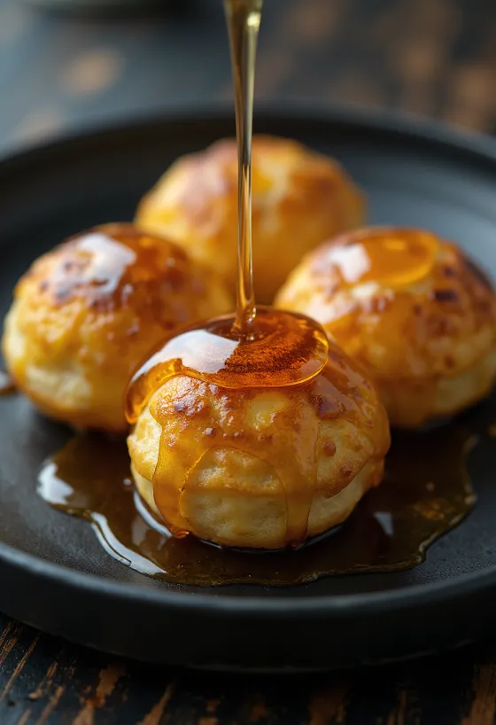 Æbleskiver com xarope de ácer, bolos frescos, castanho-dourados, servidos com xarope de ácer