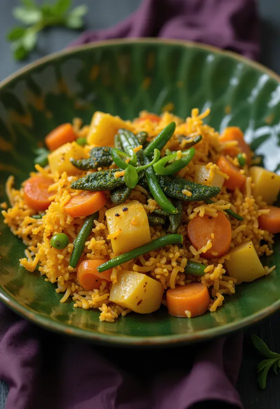 Avial com cenoura, servido com ricos vegetais e especiarias