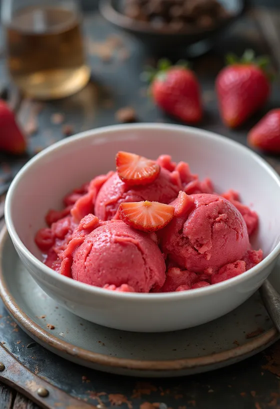Sorbet de morango e manjericão sobremesa caseira refrescante