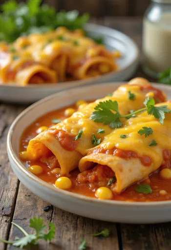Enchilada com milho, frango e queijo, cozida em molho de tomate