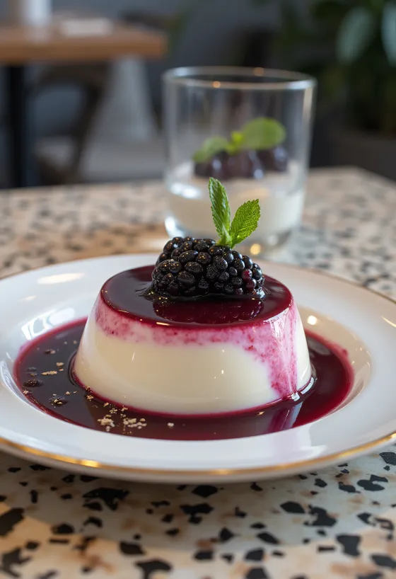 Panna cotta de frutos do bosque servida