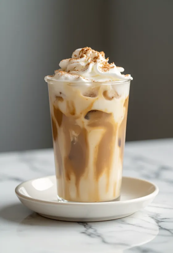 Café gelado com canela decorado com chantilly e canela