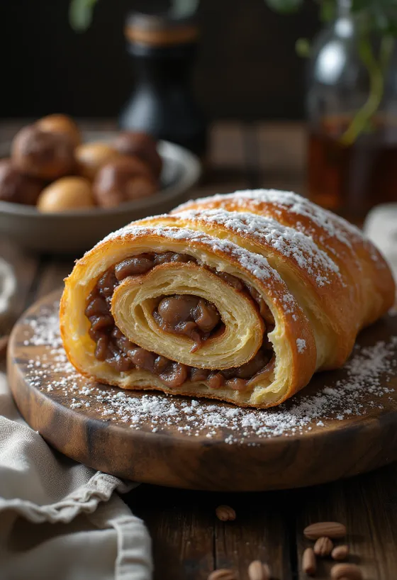 Bejgli de castanha cortado em fatias, decorado