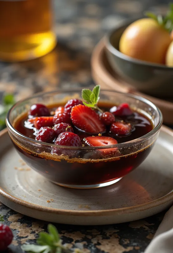 Molho de vinagre balsâmico com mel e frutas servido