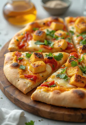 Paneer tikka pizza com molho de iogurte e vegetais