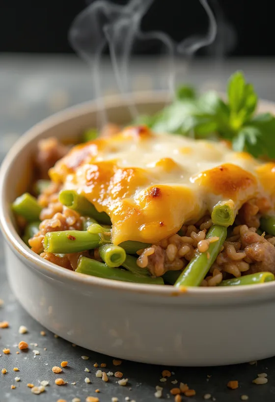Feijão verde no forno com natas azedas frescas e queijo gratinado no topo.