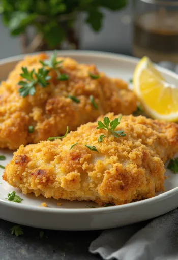 Peito de frango panado frito dourado servido com salada