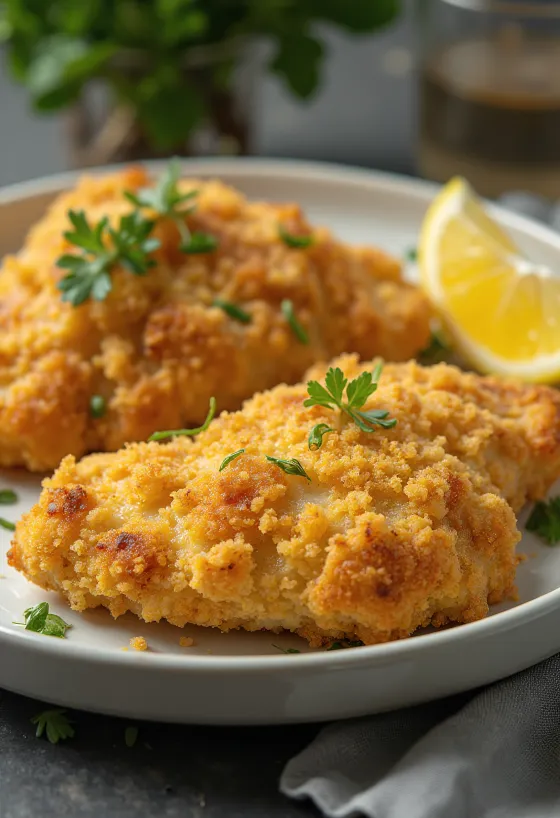 Peito de frango panado frito dourado servido com salada