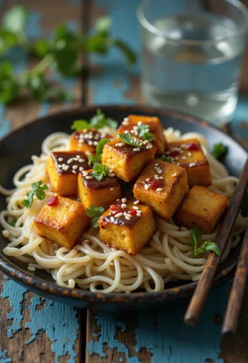 Tofu frito com molho tailandês servido