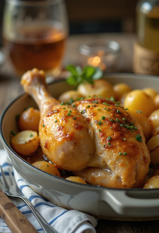 Coxa de frango recheada suculenta servida com legumes frescos e batatas.