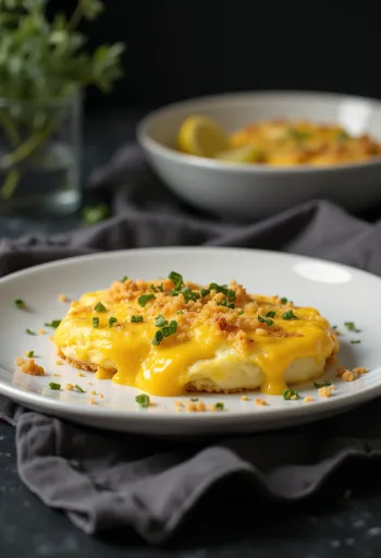 Welsh rarebit com ovo servido, em molho de queijo, sobre torrada