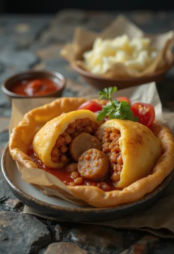 Acarajé com chouriço, feijão condimentado e decoração de salsa fresca