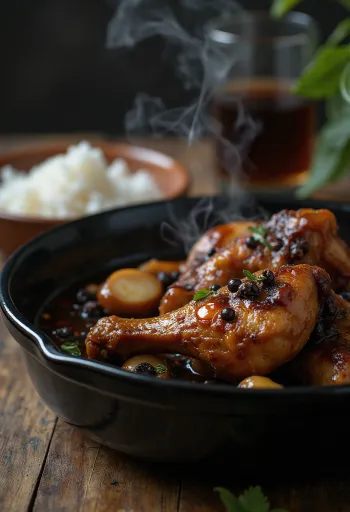 Coxas de frango Adobo com molho escuro brilhante e arroz