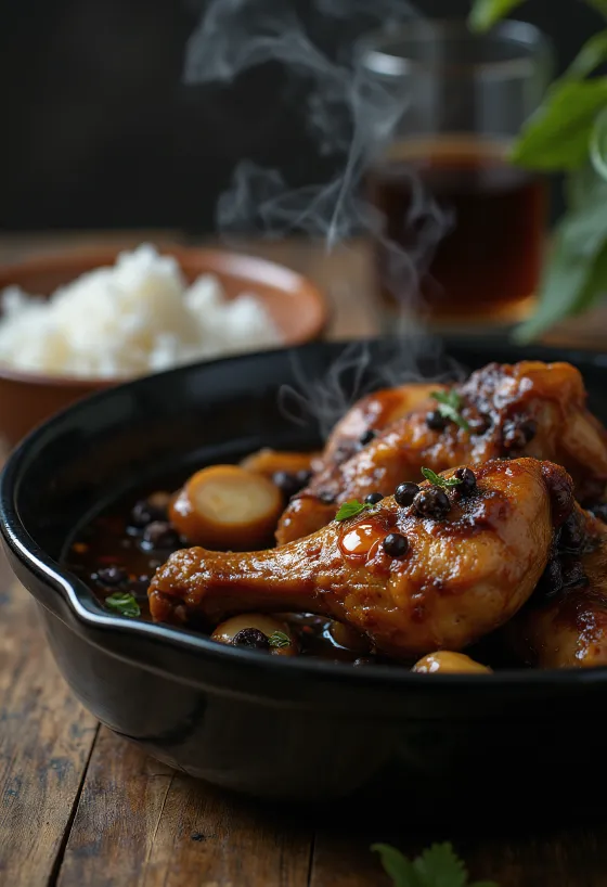 Coxas de frango Adobo com molho escuro brilhante e arroz