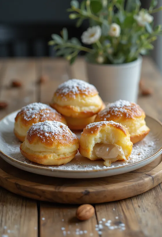 Æbleskiver com recheio de amêndoa, polvilhado com açúcar em pó, servido numa tigela