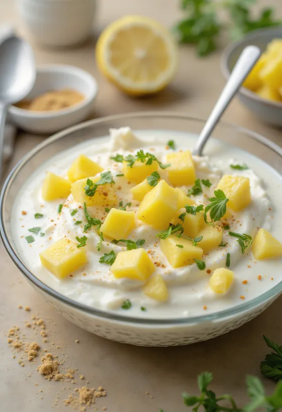 Raita de ananás, com iogurte fresco e especiarias verdes