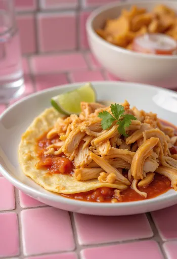 Chilaquiles com frango desfiado, molho vermelho e queijo