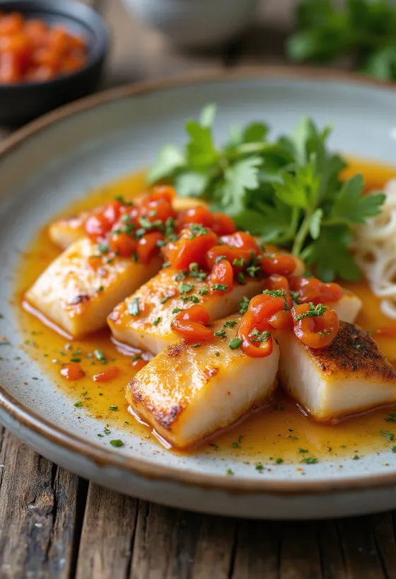 Gilda com pimento picante, peixe fresco, molho picante, com salsa