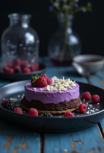 Bolo de chocolate com mousse de frutas servido em fatias