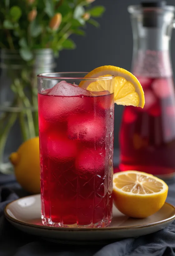 Limonada de hibisco servida em copo