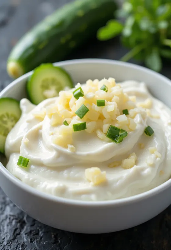 Molho de alho com natas azedas e aneto servido