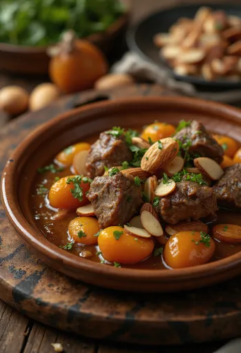 Tagine de borrego com alperces servido com cuscuz