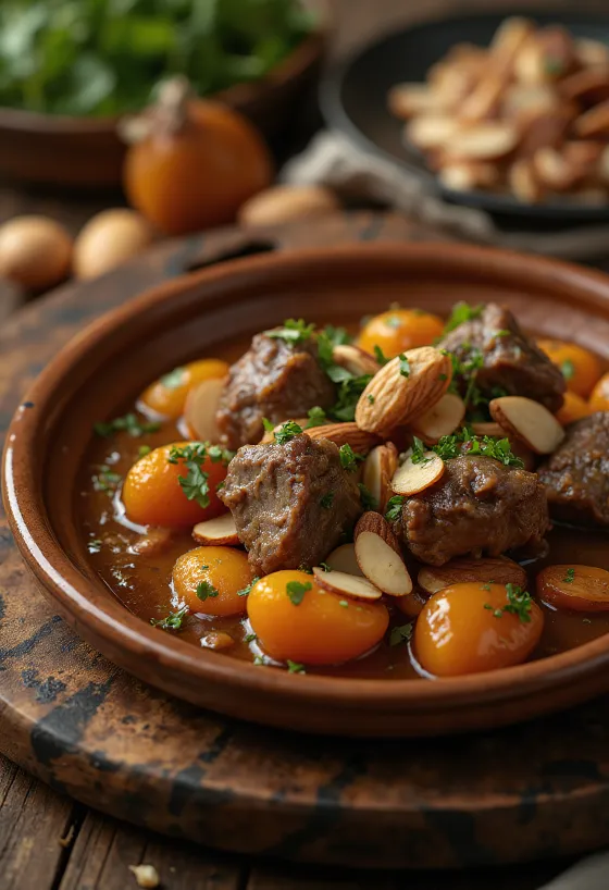 Tagine de borrego com alperces servido com cuscuz