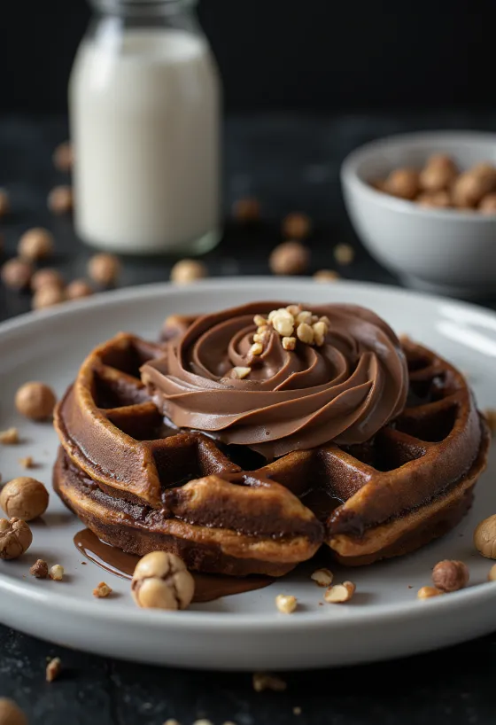 Waffles de Nutella com frutas frescas e molho de chocolate
