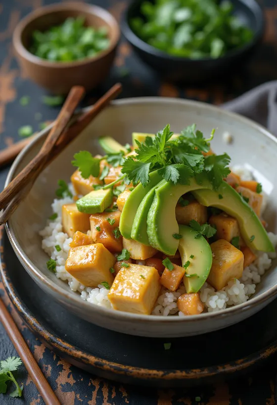 Poké com tofu, vegetais frescos e base de arroz, decorado com coentros e sumo de lima