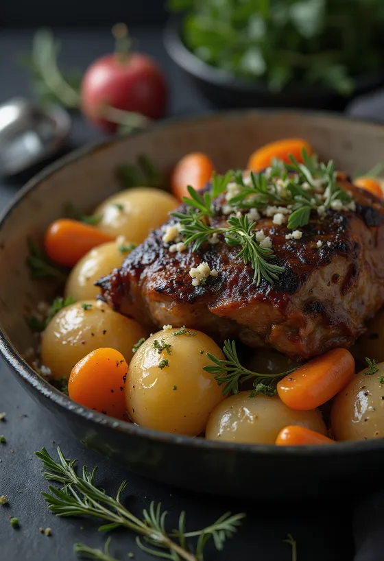 Carne de marmota assada servida com vegetais de raiz numa travessa.