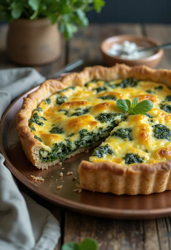 Fatias de quiche vegana de espinafres servidas