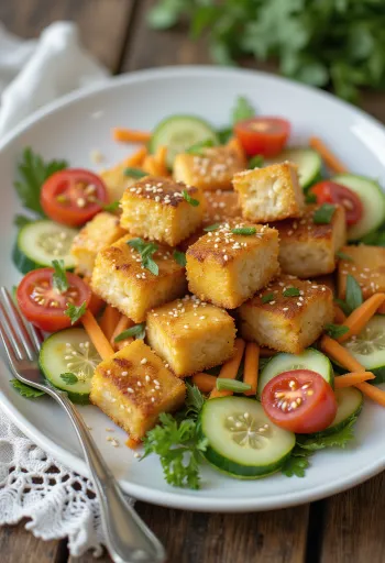 Tofu assado servido com salada de legumes