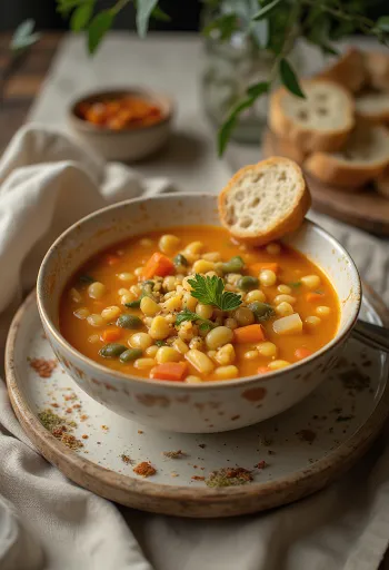 Sopa de tarhonya em tigela fumegante, servida com legumes frescos.