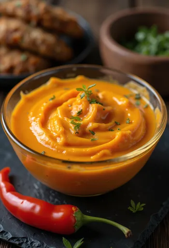 Molho cremoso de pimento laranja brilhante numa molheira