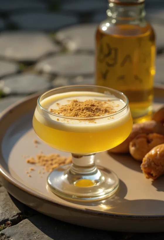 Licor de ovo caseiro em garrafa, com noz-moscada ralada por cima