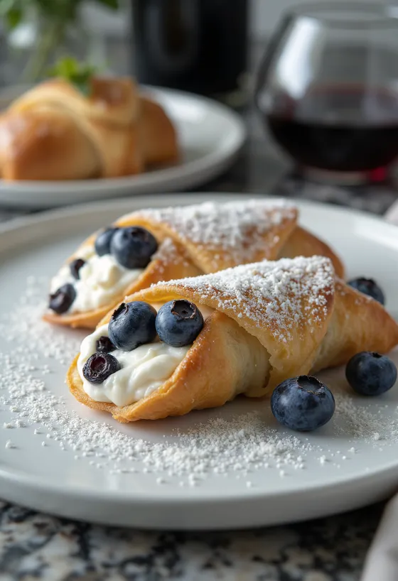 Cannoli de vinho Tokaji e mirtilos servido