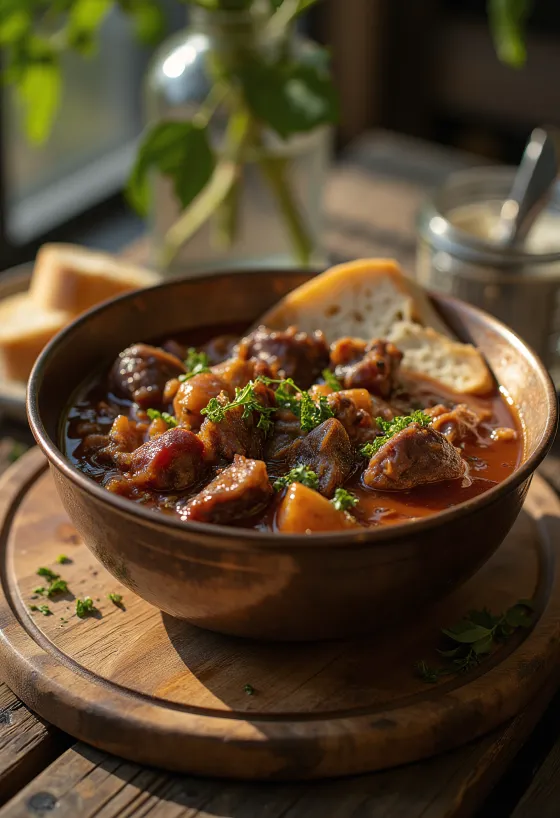 Estufado de javali com pedaços de carne suculentos, servido com batata