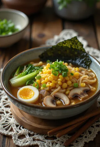 Tigela de ramen vegetariano com caldo límpido e ovo