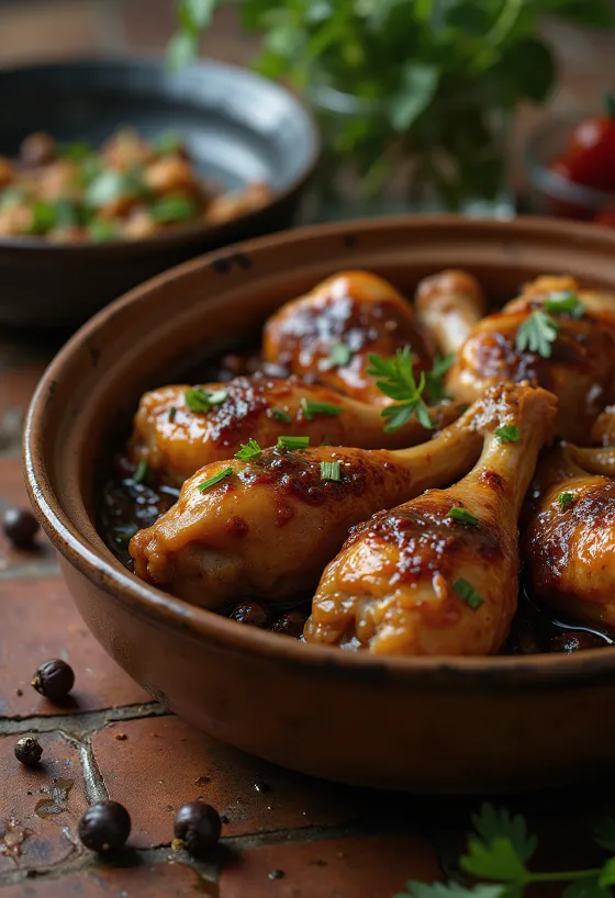 Adobo com carne, servido em molho de soja e vinho branco, decorado com ervas frescas