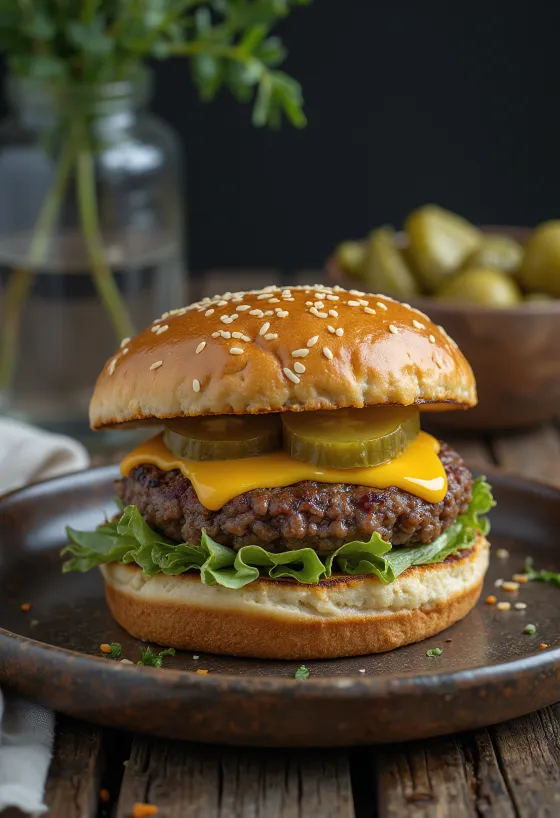 Hambúrguer de carne de vaca bio com ingredientes frescos