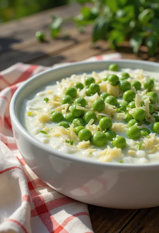 Raita de ervilhas e menta servida, decorada com menta fresca e ervilhas