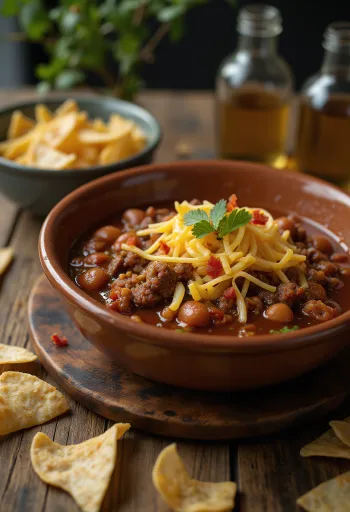 Chili com carne servido com tortilhas frescas