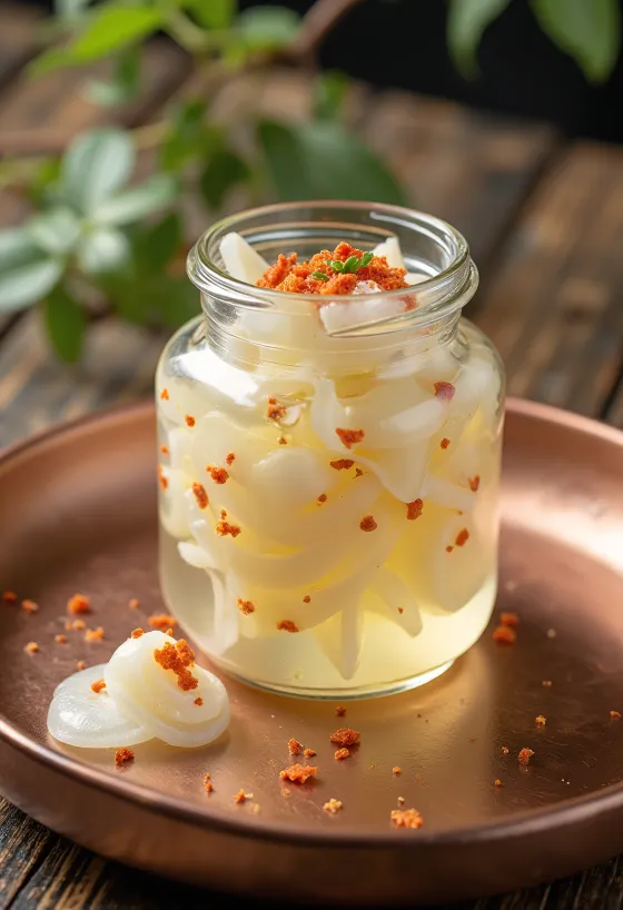 Daikon-zuke, fatias frescas de nabo em vinagre servidas num prato branco, decoradas com coentros