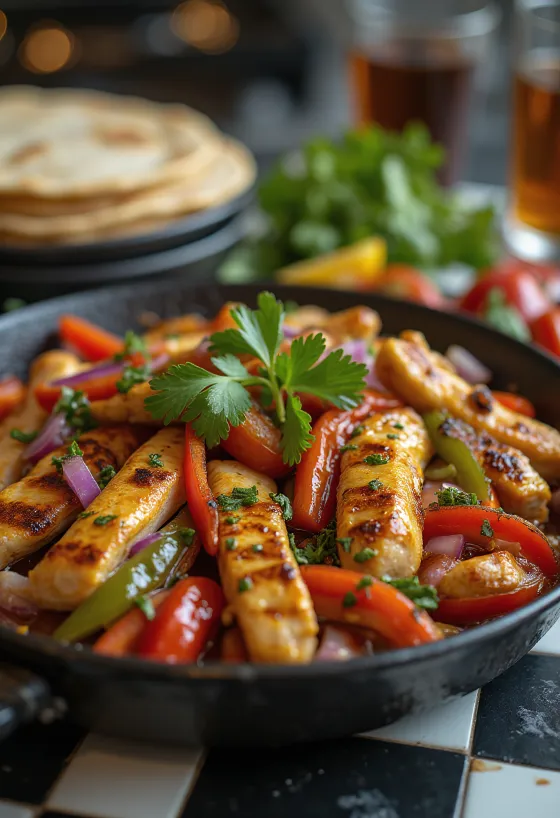Fajitas de frango com pimentos servidas